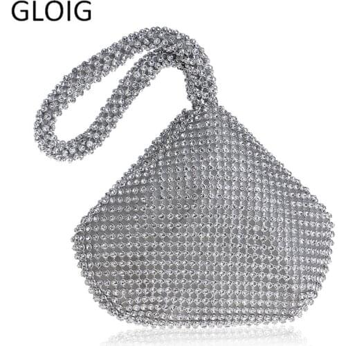 GLOIG New Arrival Soft Women Evening Bags Rhinestones Small Day Clutches Silver Black Gold Crystal Wedding Party Handbags Purse