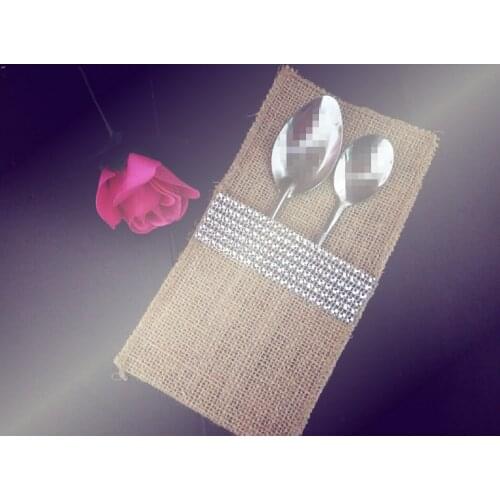 Burlap Silverware Holders Utensil Holder Country Wedding Jute Silver Diamond Rhinestones Pouch Cover Hessian Rustic