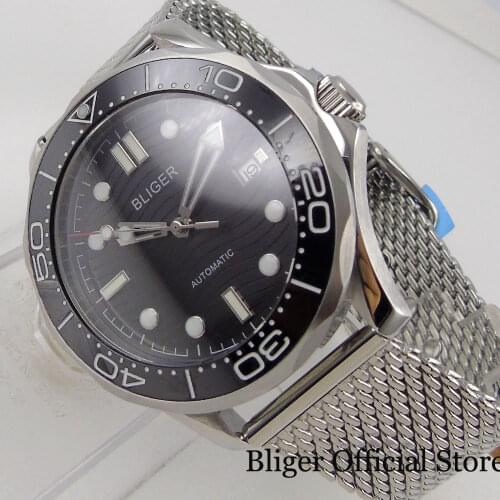 BLIGER Black Mechanical 41MM Men Watch 24 Jewels NH35A MIYOTA 8215 Movement Steel Bracelet Luminous Dial Screwdown Crown