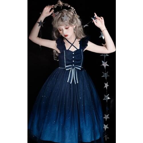 Original Design Star Array Womens Lolita JSK Dress Sleeveless Dress Suspender One Piece Deep Blue Mesh Layers