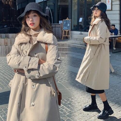 Women Winter Turn-down Collar Lamb Wool Liner Long Parkas Sashes Thicken Coat Double Breasted Overcoat Casual Jacket