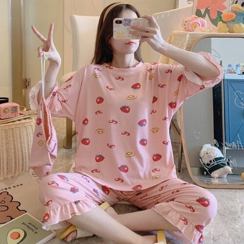 Half Sleeve Pajamas Polyester Set Leisure Women Sleepwear 3Pcs Nightwear for Women Sleepwear Calf- Length Pant Cloth Bag