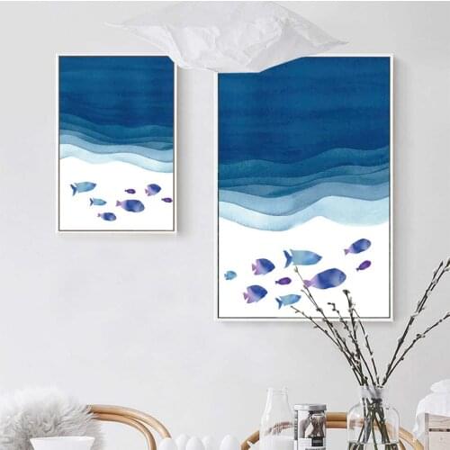 Posters and Prints Canvas Art Painting Wall Art Nursery Decorative Picture Nordic Style Kids Decoration Blue sea fish whale