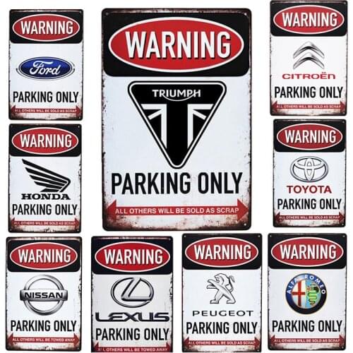 Warning Parking Only Tin Sign Vintage Triumph Car Parking Plate Alfa Romeo Ford Sign for Garage Wall Art Decor Plaque