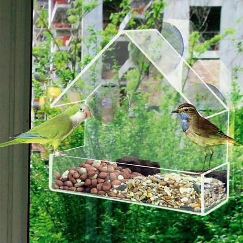 Clear Glass Window Viewing Bird Feeder Hotel Table Seed Peanut Hanging Suction Alimentador Adsorption House Type Bird Feeder