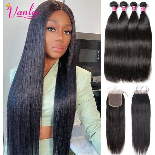 Vanlov Brazilian Hair Weave Bundles With Closure Straight hair Bundles With Closure 4 Bundles With Closure Pre Plucked Remy