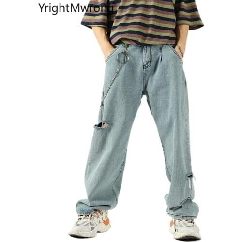 Plus Size Hip Hop Streetwear Punk Harajuku Baggy Loose Wide Ripped Hole Vintage Denim Pant Jeans Tracksuit Oversized Chain High