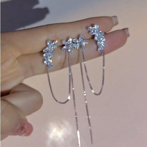 Earrings Jewelry Fashion Personality Zircon Ear Clip Long Earrings Crystal Flower Tassel Cuffs Stud Earrings