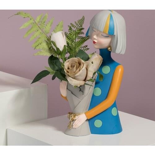 Nordic Resin Girl Sculpture Creative Vase Modern Home Decor Living Room Desktop Decoration Accessories Flower Arrangement Vases