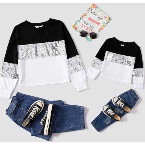 PatPat Colorblock and Sequins Long-sleeve Sweatshirts for Mom and Me