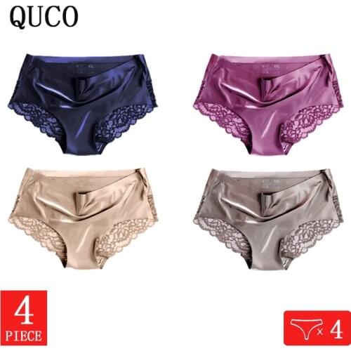QUCO Brand 3 Pcs/lot Sexy Lace Panties For Women Seamless Underwear Set Womens Briefs Ladies Lingerie Silk Transparent Thongs