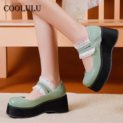 COOLULU Platfrom High Heels Mary Janes Shoes Women Wedges Heel Pumps Buckle Round Toe Dress Footwear Female Sweet White Size 46