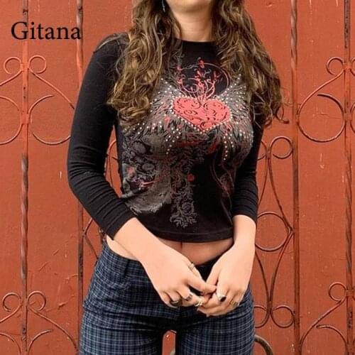 Gitana Vintage Diamond Print T Shirt Women Y2K Long Sleeve Crop Top Autumn Casual Grunge Fairycore Tee Top 2021