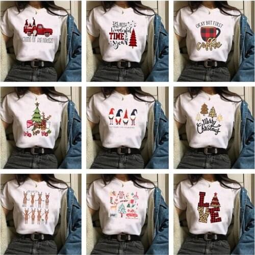 Female White Large Size T Shirt Women Clothes Holiday Cartoon New Year Merry Christmas Printed Ladies Tops Tees