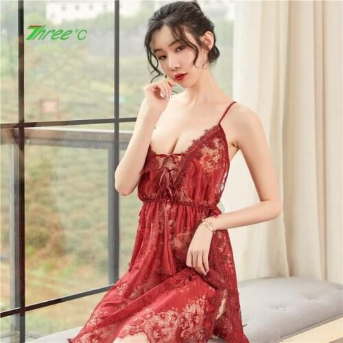 Lady Plus Size Loose Lingerie Nightdress Sexy Lace Sling Transparent Underwear Dress Babydoll Embroidery Sexy Lenceria Femenina