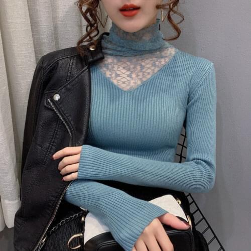 Lady Lace Hollow Out Sexy Sweaters Elegant Splicing See Through Knitted Jumper Autumn Turtleneck Long Sleeve Pullovers Slim Tops