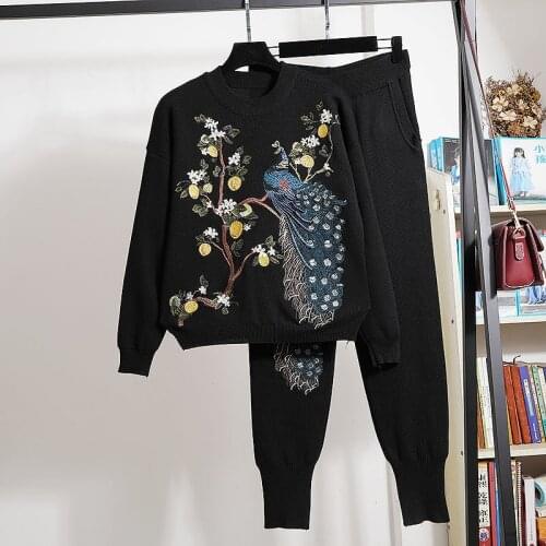 Fashion Black Knitted Tracksuits Outfits 2pc Women Loose Peacock Embroidery Long Sleeve Sweater Pencil Pants 2 Piece Set Female