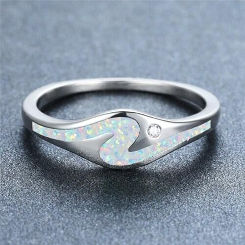 Simple Fashion Ocean Wave Ring White Blue Opal Stone Ring Vintage Silver Color Engagement Promise Rings For Women Bridal Jewelry
