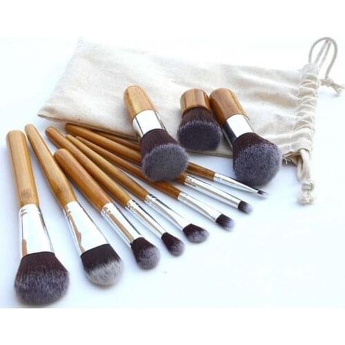 12set/lot 11pcs Burlywood Bamboo Handle Gunny Bag Cosmetic Brush Suit Synthetic Fiber Makeup Appliances Cosmetic Tools HA1915