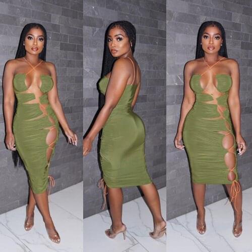 2021 Sexy Hollow Out Bodycon Drawstring Lace Up Skinny Stretchy Fashion Party Dress Sleeveless Summer Clubwear Outfit