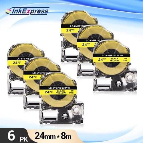 6Pcs Tape For Epson SC24YW Label Tape LK-6YBP Printer Ribbon Black on Yellow For Epson King Jim Label Maker LW-700 24mm*8m