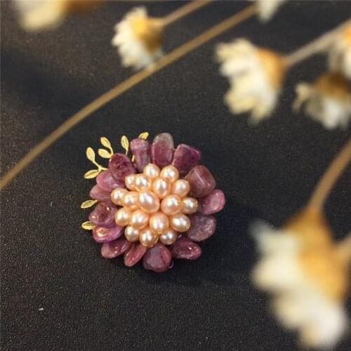 UBESTNICE Handmade Natural Purple Tourmaline Flower Brooches Copper Gold Plated Freshwater Pearl Pendants For Women Fine Jewelry