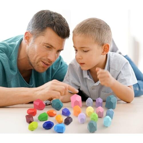 Children Wooden Colored Stone Building Block Creative Nordic Style Stacking Game Montessori Balance Toys for Children