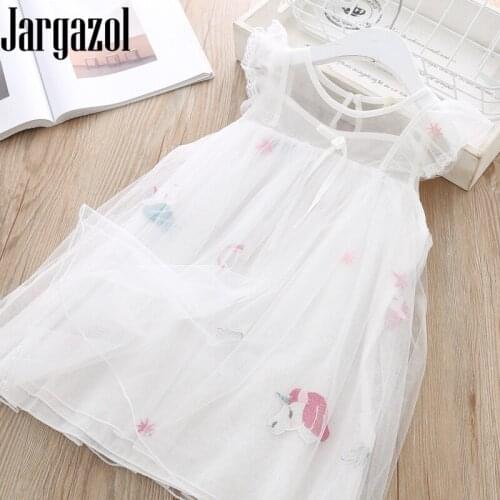 Jargazol Kids Dresses for Girls Cartoon Unicorn Embroidery Summer Short Sleeve Dress Lace Mesh Baby Girl Dress Toddler Outfits