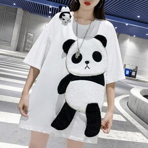 2021 Women Panda Embroidery Short Sleeve Round Neck Loose T-shirt Tee Top Womens clothing