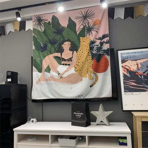Girl and Leopard Grove Wall Tapestry Human Animal Decorative Blanket Cloth Craft Curtain Arts TV Cover Bed Hanging Cloth