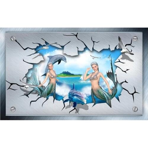 Custom mural on the wall paper 3 d Ocean World Mermaid Dolphin Brick Wall home decor photo Wallpaper in the living room