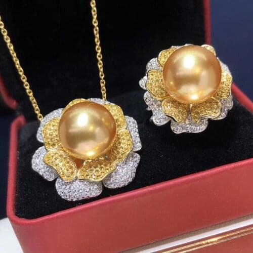 Fine Jewelry 1029 Pure 925 Sterling Silver Natural Golden Pearls 12-11mm Females Jewelry Sets for Women FIne Jewelry Sets