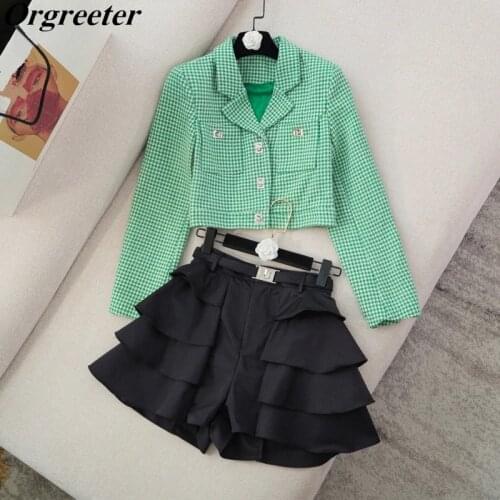 Retro Houndstooth Straight Short Blazer Shorts Two Piece Sets Women Colorblock Plaid Crop Top + Ruffles Short Pants Suits Female
