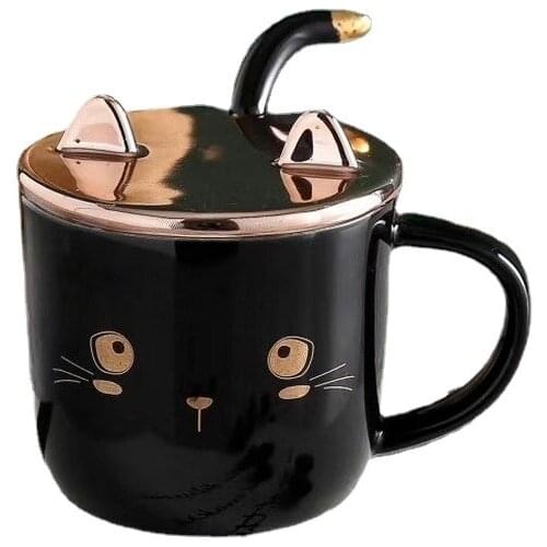 Creative gift cat coffee cup gold-plated spoon mug lovely breakfast cup glazed ceramic water cup