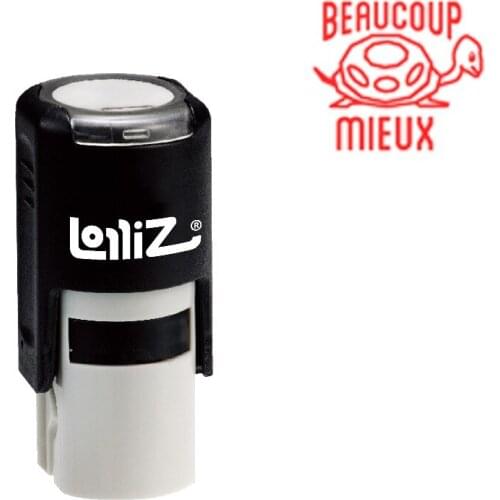 LolliZ "BEAUCOUP MIEUX" Round Self-Inking Stamp, Teacher Stamp W/Lid, Laser Engraved Rubber, RED