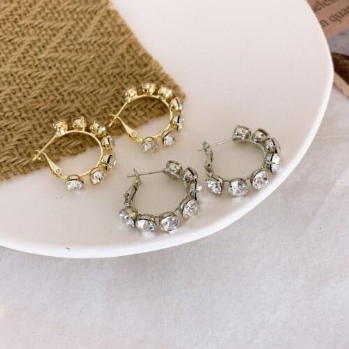 LOVOACC Minimalist C Shape Bling Rhinestone Earrings for Women Gold Color Metallic Circle Geometric Hoop Earrings Pendientes