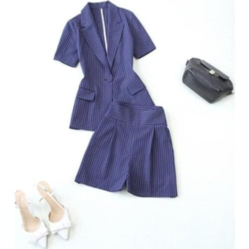 Fashion suit womens summer New large size Casual Striped thin section suit + wide leg high waist shorts two-piece suit womens