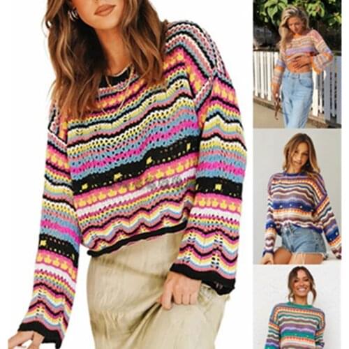 2021 Spring Autumn Fashion New Stitching Knitting Loose Rainbow Round Neck Long-Sleeved Striped Sweater Womens Top Trend H283