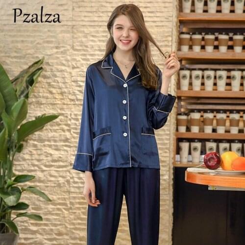 Victori Autumn Faux Silk Pajamas Blue Pink Long Sleeve+Bottoms Pants Ladies Women Pajamas Set Silk Sleepwear Womens