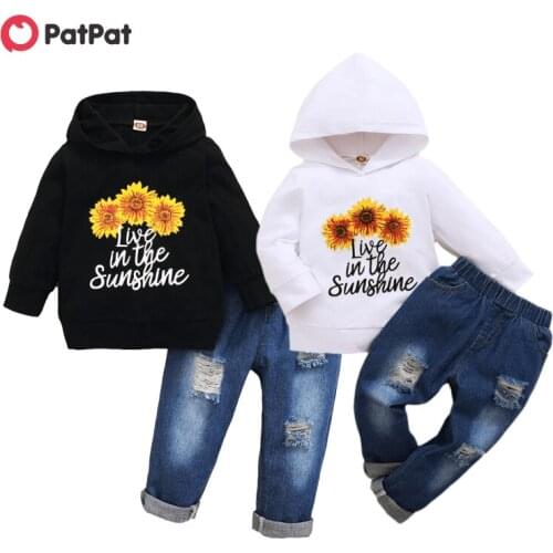 PatPat New Arrival Autumn and Spring 2-piece Baby Toddler Sunflower Hooded Pullover and Denim Pants Sets Childrens Clothing