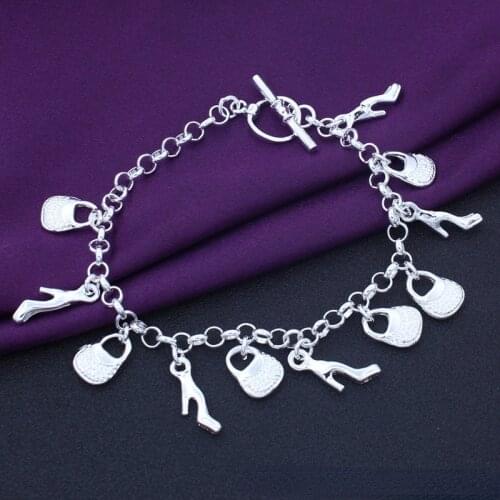 Silver Plated Cuffs High Heels Bag Pendant Fashion Bracelet Womens Charm Exquisite Bracelet Party Jewelry Birthday Gift