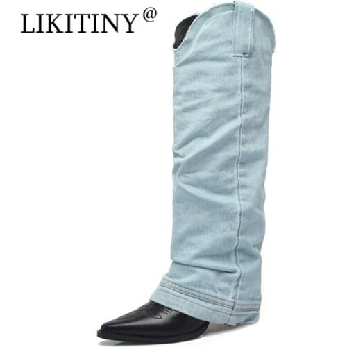 LIKITINY 2021 Winter Autumn High heels Chunky heels Beige Black Slip-on Jeans boots Pointed toe Womens shoes Knee high boots 40