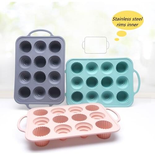 Built in stainless rims 12 Holes Silicone Round Mold Cookies Fondant Baking Pan Non-Stick Pudding Steamed Cake Mold Baking Tool