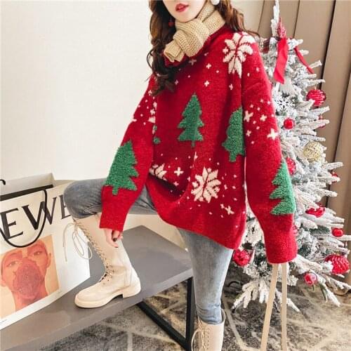 Warm Knitted Red Christmas Sweater Female O-neck Loose Knitwear Tops Autumn Winter Party Club Festival Knitted Pullover Women