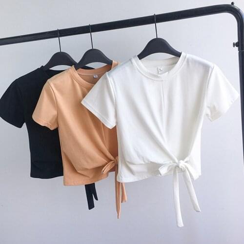 Women Summer Lace up Knotted Tie Front Crop Tops T Shirt Ladies Cropped Tee Shirt Casual Basic O Neck Short Sleeve Solid Tee Top