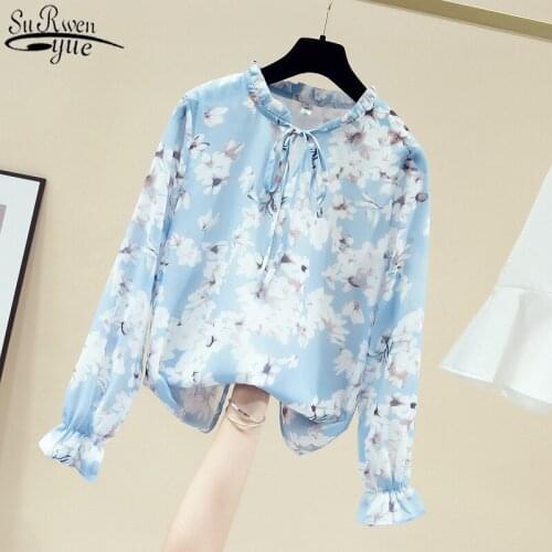 Long Sleeve Womens Shirt All-match Printed Top Female New Autumn Women Clothes Lace-up Floral Chiffon Blouse Pullover 11147