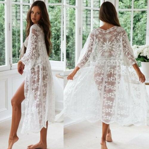 Women Boho Beach Cardigan Bikini Cover Up Lace Wrap Beachwear Long dress Loose Kimono Beachwear Blouse Casual Sundress