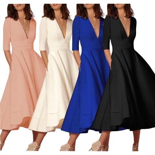Elegant Solid A-line Long Women Dress Sey Deep V Neck Long Sleeve Evening Club Party Dresses Robe Lounge Clothing Plus Size 3XL