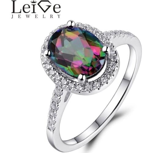 Leige Jewelry Oval Cut Prong Setting Halo Mystic Topaz Ring Sterling Silver Rainbow Topaz Engagement Rings for Women Xmas Gift
