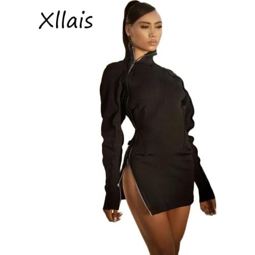 XLLAIS Knitting Ribbed Black Zippers Dresses Women Sexy Long Sleeve Bodycon Slim Vestidos Lady Casual Tight Street Club Clothes